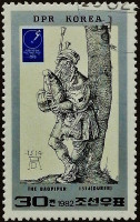 Почтовая марка. «Волынщик» - Альбрехт Дюрер. 1982 год, КНДР.