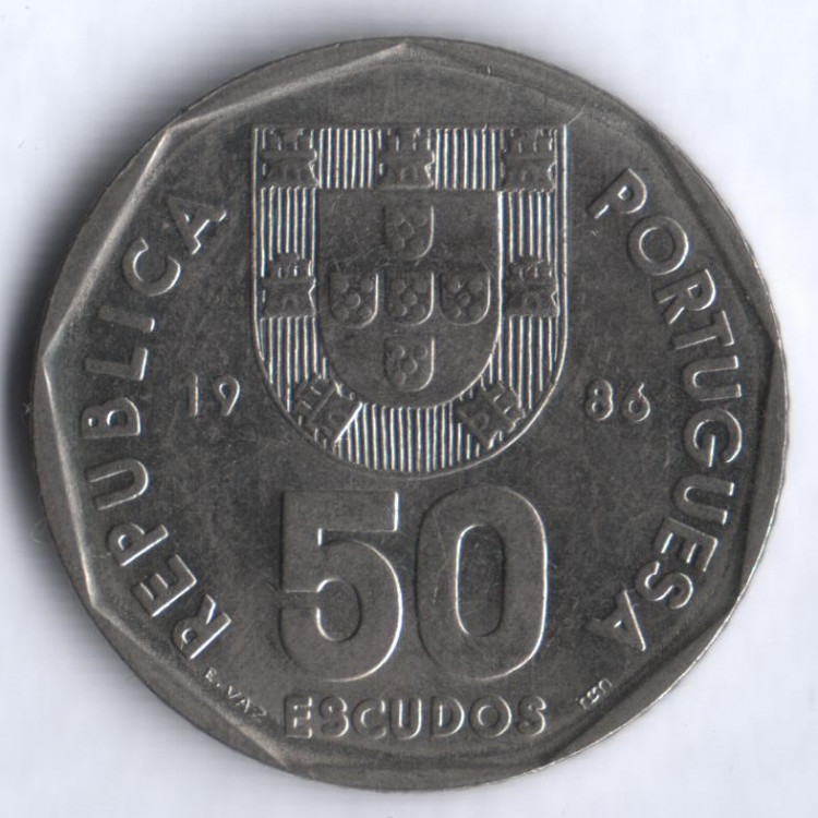 Монета 50 эскудо. 1986 год, Португалия. 