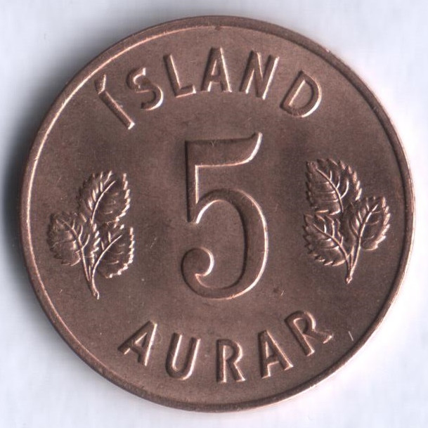 Монета 5 эйре. 1965 год, Исландия.