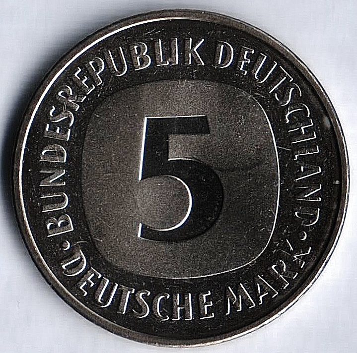 Монета 5 марок. 1982 год (J), ФРГ.