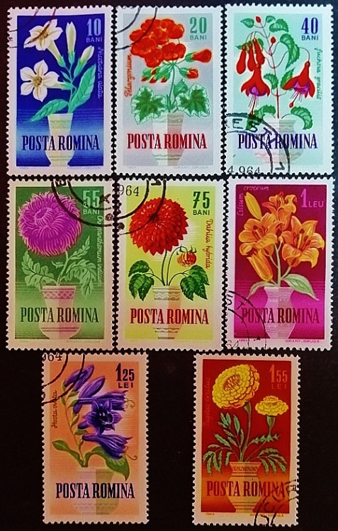 Набор почтовых марок (8 шт.). "Садовые цветы". 1964 год, Румыния.