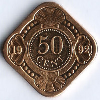 Монета 50 центов. 1992 год, Нидерландские Антильские острова.