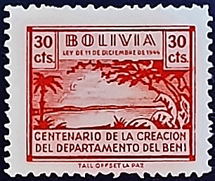 Марка фискальная (30 c.). "Налоговая марка Бени". 1946 год, Боливия.
