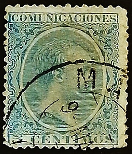 Почтовая марка (5 c.). "Король Альфонсо XIII". 1889 год, Испания.
