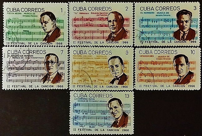 Набор почтовых марок (7 шт.). "Кубинские композиторы и их произведения". 1966 год, Куба.