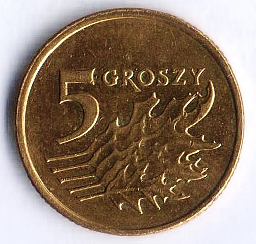 Монета 5 грошей. 2010 год, Польша.