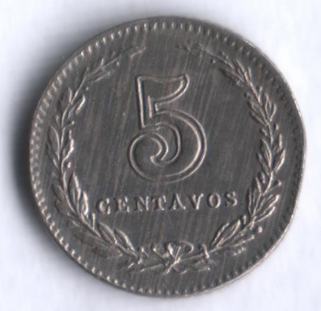 Монета 5 сентаво. 1897 год, Аргентина.