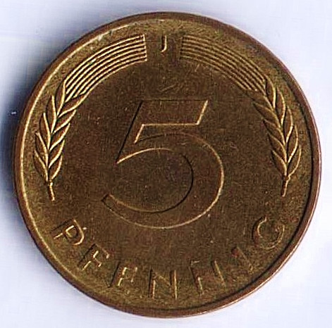 Монета 5 пфеннигов. 1983(J) год, ФРГ.