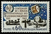 Марка почтовая. "100 лет членства в UIT". 1965 год, Франция.