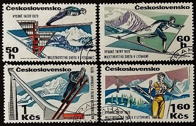Набор почтовых марок (4 шт.). "Чемпионат мира по лыжным видам спорта". 1970 год, Чехословакия.