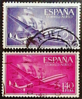 Набор почтовых марок (2 шт.). "Самолет и каравелла". 1955 год, Испания.