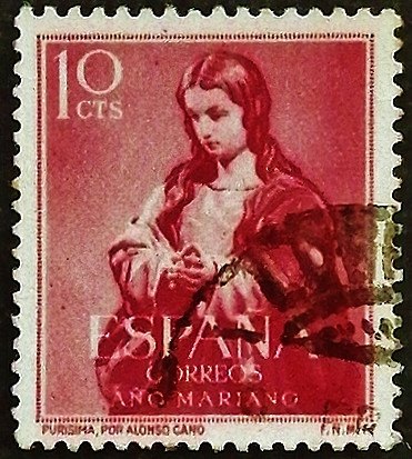 Почтовая марка. «Образ Пречистой Девы». 1954 год, Испания.