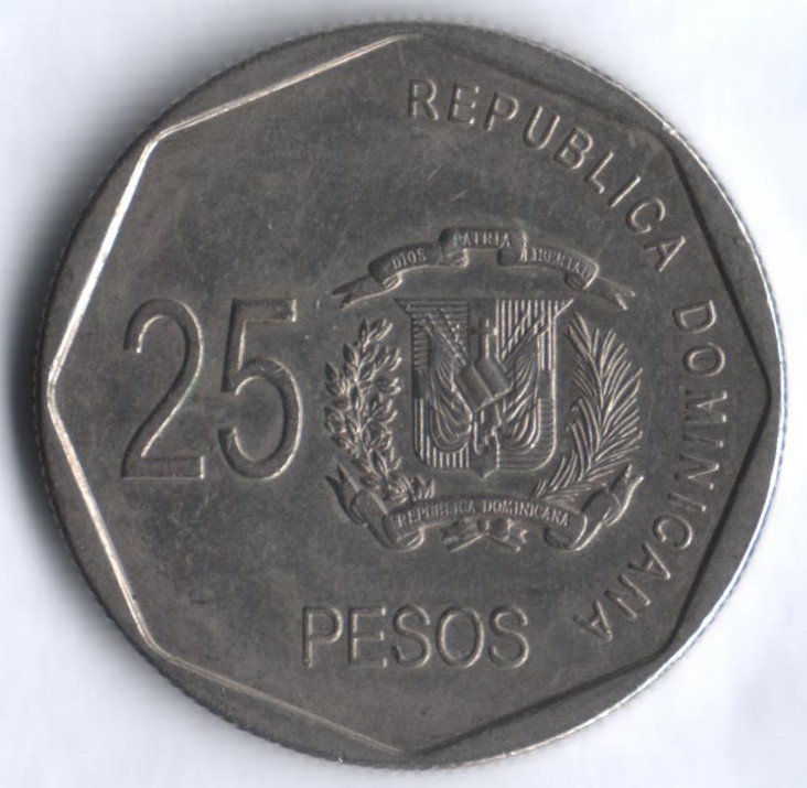 Монета 25 песо. 2010 год, Доминиканская Республика.
