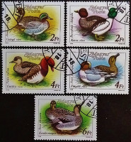 Набор почтовых марок (5 шт.). "Дикие утки". 1988 год, Венгрия.
