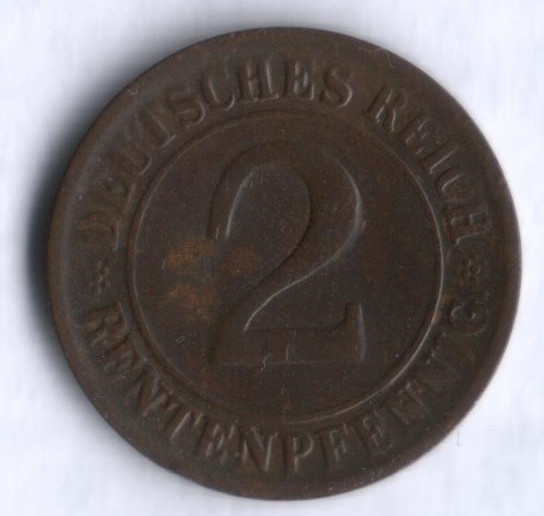Монета 2 рентенпфеннига. 1924 год (D), Веймарская республика.