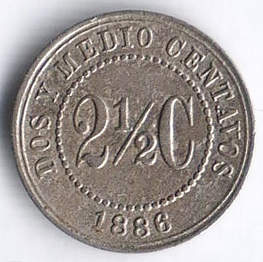 Монета 2⅟₂ сентаво. 1886 год, Колумбия.