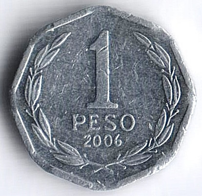 Монета 1 песо. 2006 год, Чили.