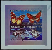 Блок марок (4 шт.). "Бабочки и насекомые". 1996 год, Чад.