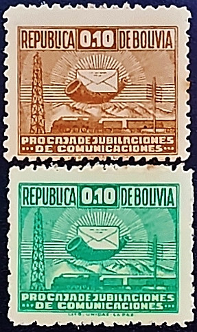 Набор марок (2 шт.). "Символы связи". 1948 год, Боливия.