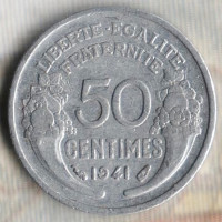 Монета 50 сантимов. 1941 год, Франция. Утяжелённый тип.