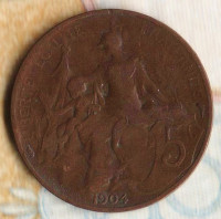 Монета 5 сантимов. 1904 год, Франция.
