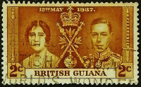 Почтовая марка (2 c.). "Коронация Короля Георга VI и Королевы Елизаветы". 1937 год, Британская Гвиана.