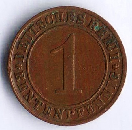 Монета 1 рентенпфенниг. 1923 год (G), Веймарская республика.