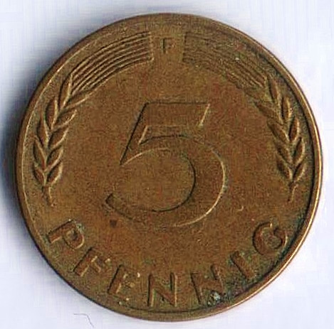 Монета 5 пфеннигов. 1950(F) год, ФРГ.