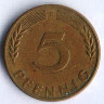 Монета 5 пфеннигов. 1950(F) год, ФРГ.
