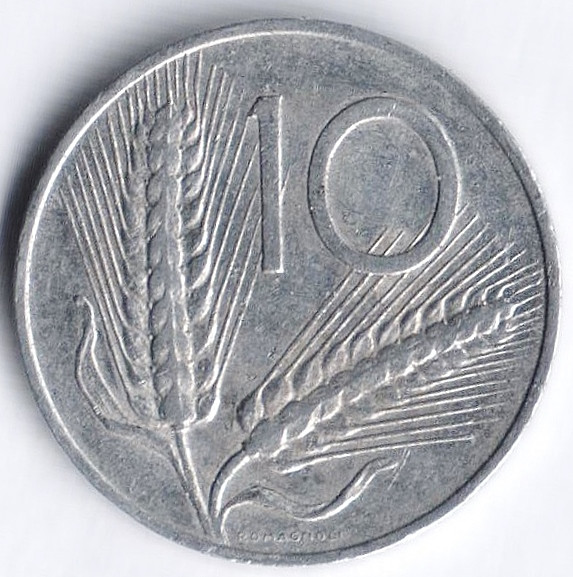 Монета 10 лир. 1969 год, Италия.