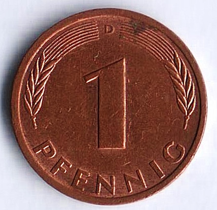 Монета 1 пфенниг. 1981(D) год, ФРГ.