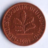 Монета 1 пфенниг. 1981(D) год, ФРГ.