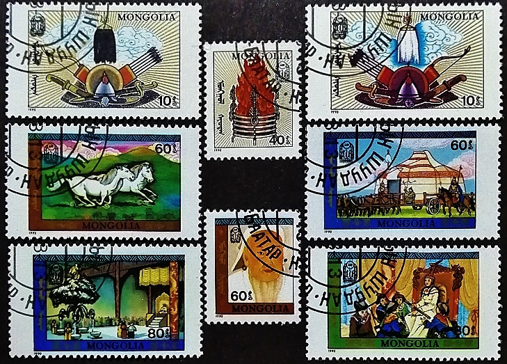 Набор почтовых марок (8 шт.). "750-летие «Тайной истории монголов»". 1990 год, Монголия.