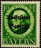 Марка почтовая (10 m.). "Король Людвиг III ("Volksstaat")". 1919 год, Бавария.
