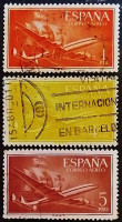 Набор почтовых марок (3 шт.). "Самолет и каравелла". 1955 год, Испания.