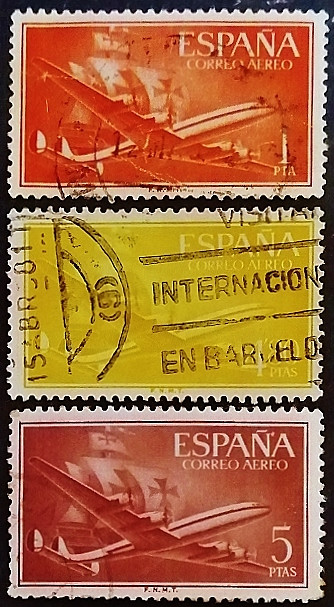 Набор почтовых марок (3 шт.). "Самолет и каравелла". 1955 год, Испания.