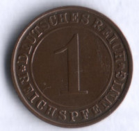 Монета 1 рейхспфенниг. 1925 год (J), Веймарская республика.