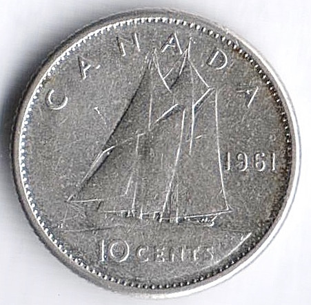 Монета 10 центов. 1961 год, Канада.