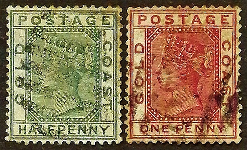 Набор почтовых марок (2 шт.). "Королева Виктория". 1884 год, Золотой Берег.