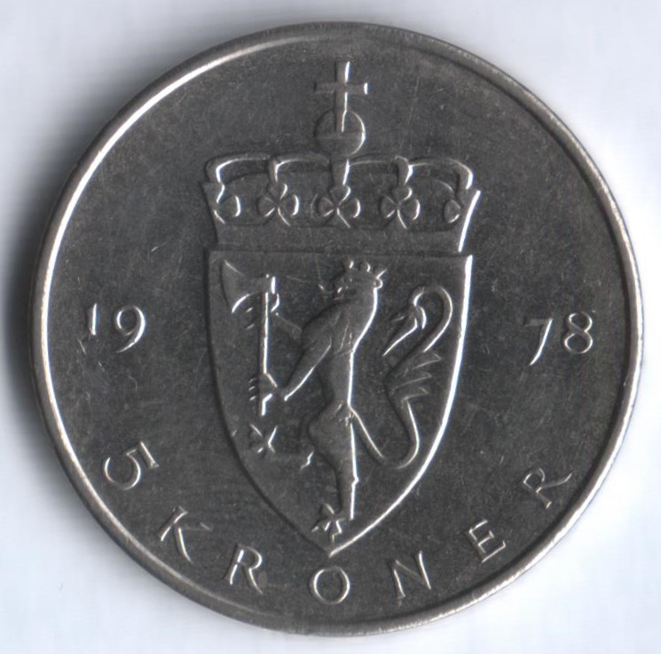 Монета 5 крон. 1978 год, Норвегия.