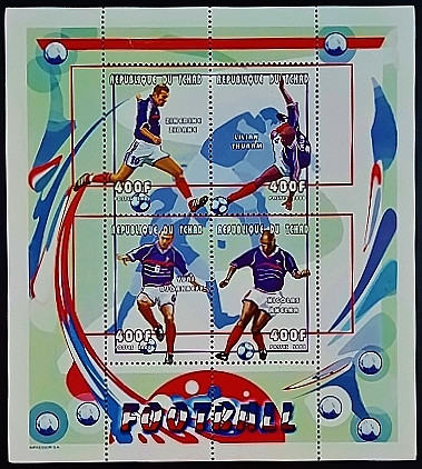 Блок марок (4 шт.). "Французские футболисты". 2001 год, Чад.