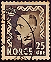 Почтовая марка (25 ö.). "Король Хаакон VII". 1951 год, Норвегия.