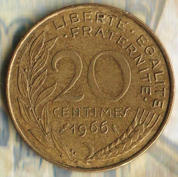 Монета 20 сантимов. 1966 год, Франция.