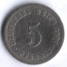 Монета 5 пфеннигов. 1890 год (A), Германская империя.