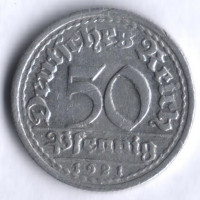 Монета 50 пфеннигов. 1921 год (G), Веймарская республика.