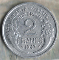 Монета 2 франка. 1947(B) год, Франция.
