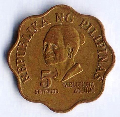 Монета 5 сентимо. 1975 год, Филиппины.