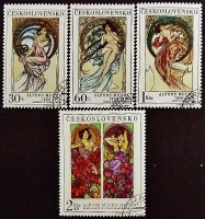 Набор почтовых марок (4 шт.). "Искусство Альфонса Мухи". 1969 год, Чехословакия.