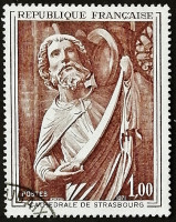 Марка почтовая. "Скульптура "Святой Матвей" из Страсбургского собора". 1971 год, Франция.