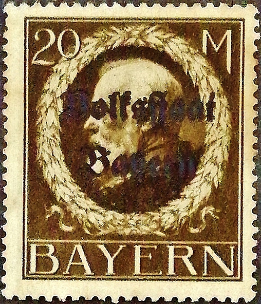 Марка почтовая (20 m.). "Король Людвиг III ("Volksstaat")". 1919 год, Бавария.